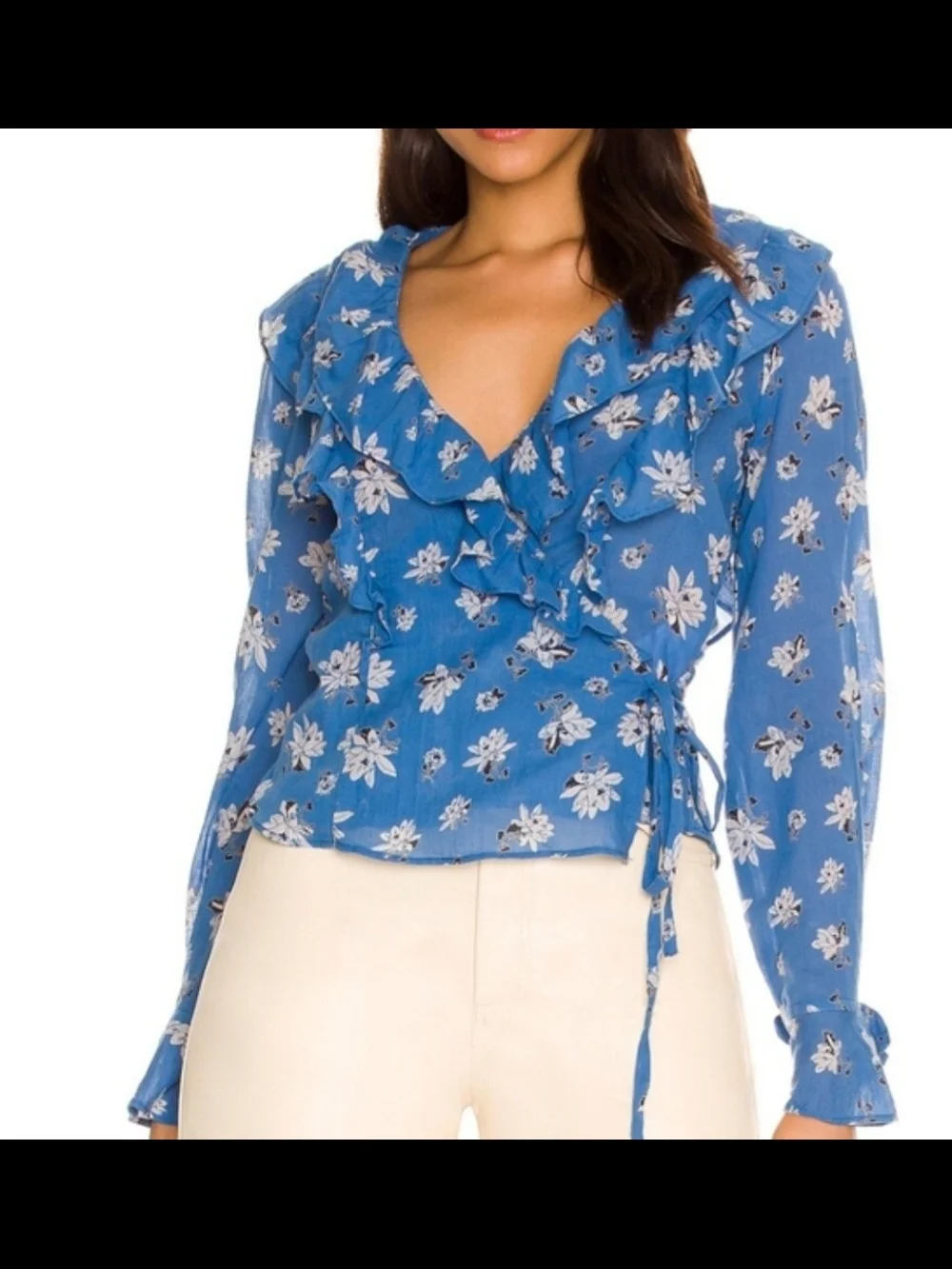 FREE PEOPLE Amanda Blue Floral Ruffle Wrap Top Cotton